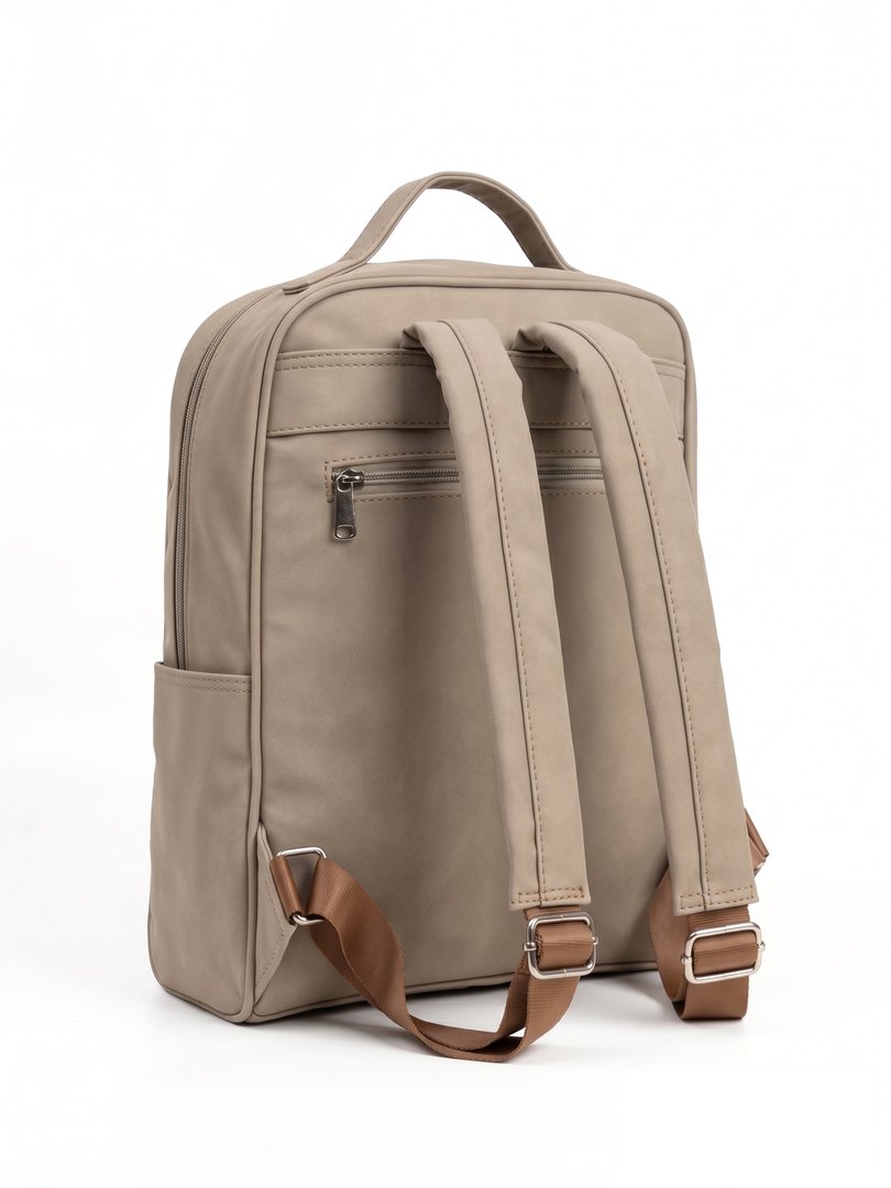 Parte trasera del morral Múnich beige, con el bolsillo que va contra la espalda