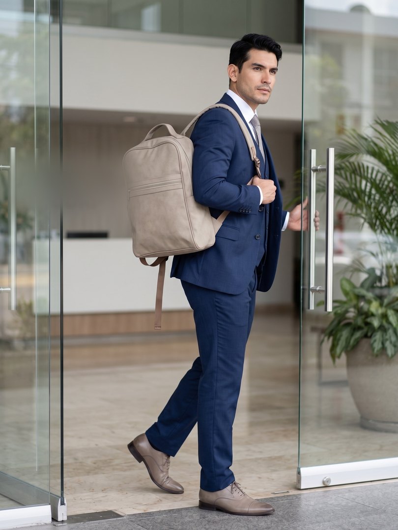 Hombre de traje con el morral Múnich beige colgado de un hombro