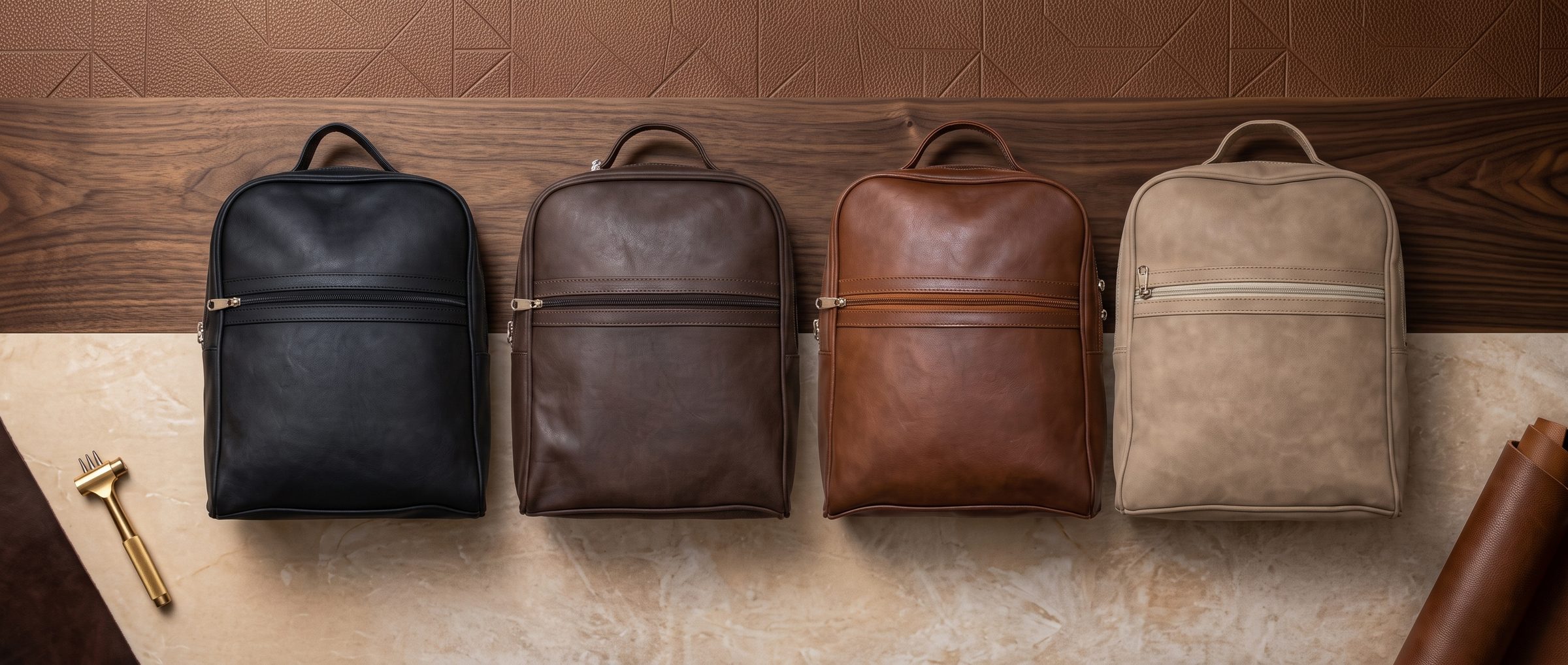 Morral Múnich en negro, café, café claro y beige sobre madera y mármol